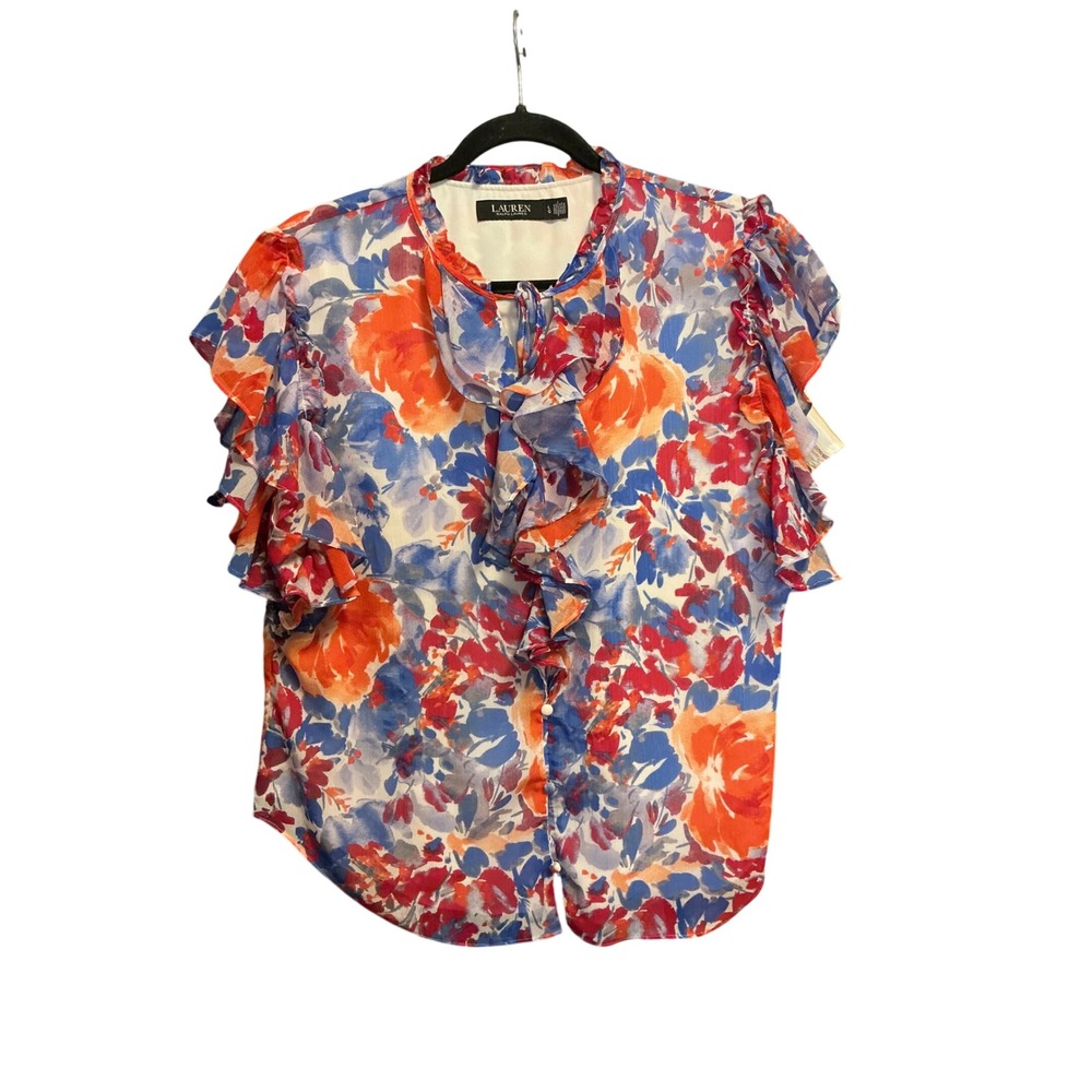 Lauren Ralph Lauren Ruffle Floral Blouse Recycle Polyester Large Blue Orange Top